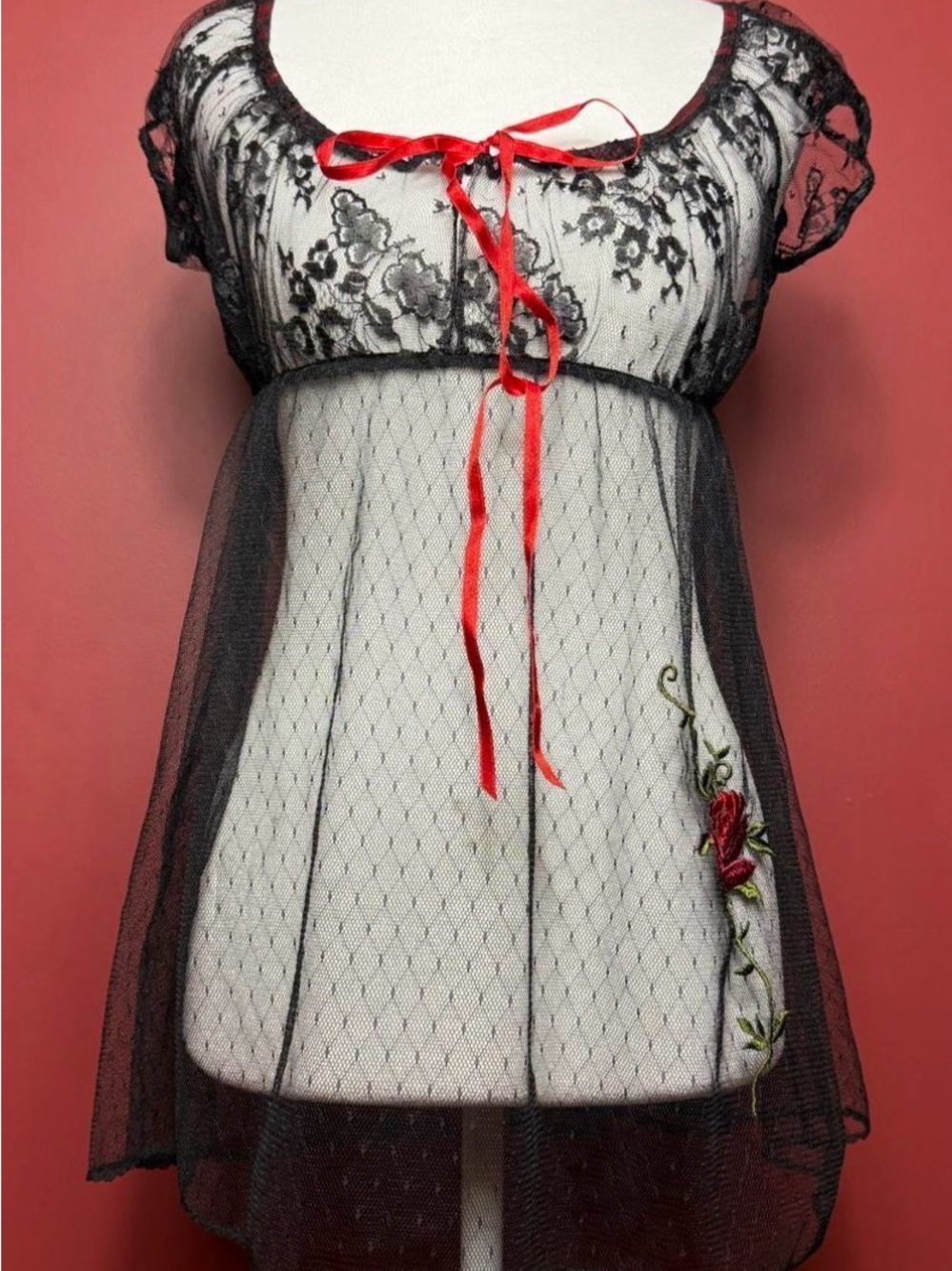 Victoria's Secret Black Sheer Lace Babydoll with Red Flower Embroidery